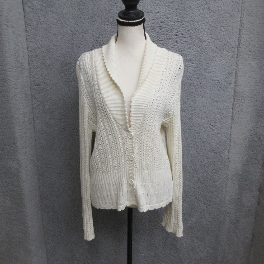 Notations Crochet Cardigan Women M Cream Pointelle Knit Shawl Collar Soft Girl
